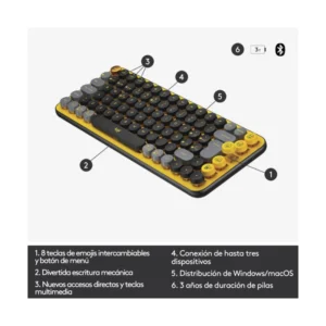 Teclado Inalambrico Bt Logitech Pop Keys 75% ( 920-010713 ) Mecanico | Gx Brown Tactile | Negro C/ Amarillo - Imagen 5