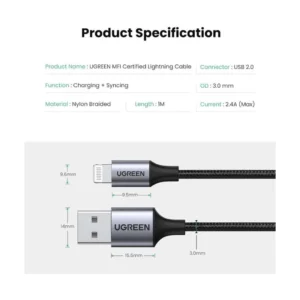 Cable De Carga & Datos Usb A Lightning Ugreen Us199 (60157) 480Mbs, 2.4A, 1.5 Metros - Imagen 4