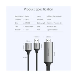 Cable Usb A Hdmi Convertidor Ugreen Cm151 (50291) Negro, 1080p, Hasta 60hz, 1 Metro - Imagen 4