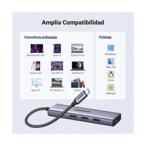 Adaptador Usb-c A 5 En 1 Ugreen Cm511 (15597) 20cm, 3x Usb, X1 Hdmi - Imagen 6