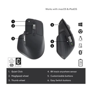 Mouse Inalambrico Logitech Mx Master 3s (910-006561) Negro, Bluetooth, 8000 Dpi, 7 Botones, 141g - Imagen 6