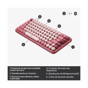 Teclado Inalambrico Logitech Pop Keys 75% (920-010715) Mecanico, Bluetooth, Gx Brown Tactile, Coral Con Rosado - Imagen 6