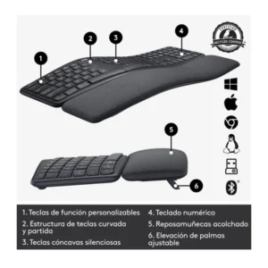 Teclado Inalambrico Logitech Ergo K860 (920-009845) Negro, Bluetooth, Ergonomico - Imagen 7