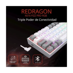 Teclado Inalambrico Redragon Fizz Pro 60% (K616-rgb-wg) Gaming, Blanco Con Gris, Mecanico, Switch Rojo, Bluetooth, Led-rgb - Imagen 3