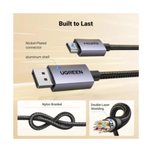 Cable Dp A Hdmi Ugreen Dp125 (35843) Negro, Dp 1.2 A Hdmi 1.4, 4K De 1080P A 120Hz, Cable Trenzado Alu, 3 Metros - Imagen 6