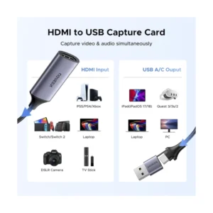 Capturador De Video Hdmi A Usb Ugreen Cm489 (40189) 4K 60Hz, Para Transmision, Grabacion, Compatible Con Switch 2/Xbox/Ps4/Ps5, Conector Dual - Imagen 5
