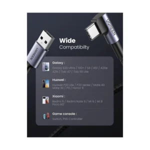 Cable De Carga & Datos Usb A Usb-C Ugreen Us284 (50941) Trenzado, Angulo 90 Grados Tipo C, 1 Metro - Imagen 7