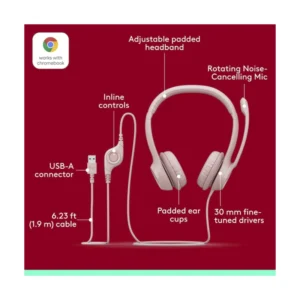 Auricular Logitech H390 (981-001280) Rosado, Microfono Con Cancelacion De Ruido, Conexion Usb - Imagen 5
