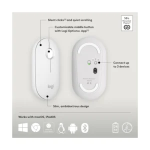 Mouse Inalambrico Logitech Pebble Mouse 2 M350S (910-007047) Blanco, Bluetooth, Ligero, Personalizable, Clicks Discretos, Easy-Switch, Recargable - Imagen 5
