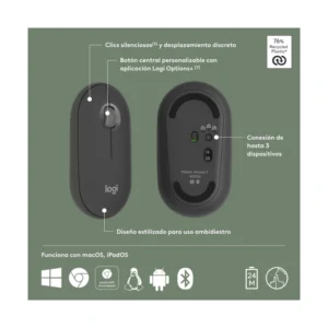 Mouse Inalambrico Logitech Pebble Mouse 2 M350S (910-007049) Grafito, Bluetooth, Ligero, Personalizable, Clicks Discretos, Easy-Switch, Recargable - Imagen 7