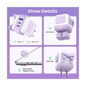 Cargador De Pared 2 Usb-C + Usb Ugreen Cd361 (35314) Kawaii Purpura, Robot Gan, 65W Carga Rapida, Para Iphone 17, Macbook Pro - Imagen 4