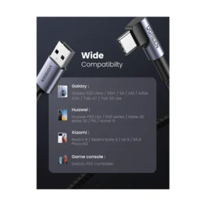 Cable De Carga & Datos Usb A Usb-C Ugreen Us284 (50942) Trenzado, Angulo 90 Grados Tipo C, Compatible Con Iphone 16, 2 Metros - Imagen 7
