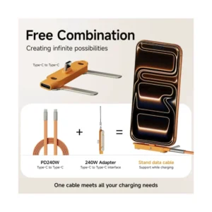 Cable De Carga & Datos Usb-C A Usb-C Basemo (X09C-O) Naranja, Incluye Soporte Plegable Para Telefono, 240W De Carga Rapida, 1.5 Metros - Imagen 3