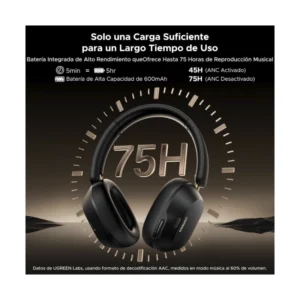 Auricular Bluetooth Ugreen Hp203 (35757) Negro, Cancelacion De Ruido, Sonido De Alta Resolucion, 75 Horas, Conexion De 2 Dispositivos - Imagen 6