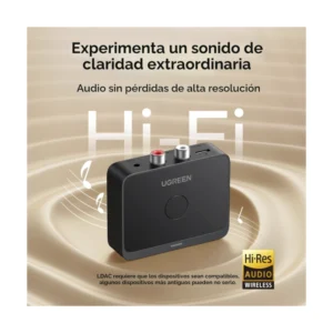 Receptor De Audio Bluetooth Ugreen Bt505 (55545) Hi-Res Audio Gold, X1 Jack 3.5Mm Aux, X2 Rca, Convertir Parlantes En Bluetooth, Hasta 2 Dispositivos - Imagen 3