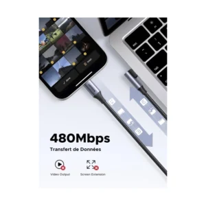 Cable De Carga & Datos Usb-C A Usb-C Ugreen L536 (85345) Trenzado, Angulo 90 Grados Tipo C, Carga Rapida 240W,Compatible Con Iphone 17/16/15, 2 Metros - Imagen 3