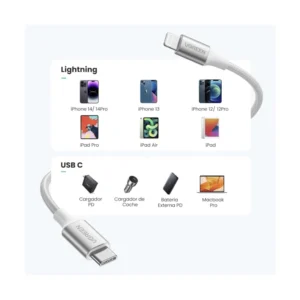 Cable De Carga & Datos Usb-C A Lightning Ugreen (70523) Plata, Carga Rapida, Nylon Trenzado, Mfi Certificado, Compatible Con Iphone 14/13/12, 1 Metro - Imagen 5