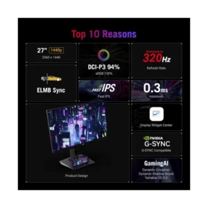 Monitor Gaming Asus Rog Strix 27" (Xg27Acms) Fast Ips, Qhd 2K, 2560 X 1440, Hdmi/Dp, 0.3Ms, 300Hz, Extreme Low Motion Blur Sync, Compatible Con G-Sync - Imagen 5