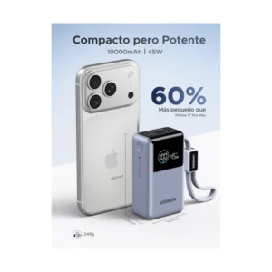 Power Bank Ugreen Pb727 (75701B) Tamaño Compacto Con Cable Usb-C Integrado, Pantalla Digital, Carga Rapida De 55 W, 10000Mah - Imagen 6