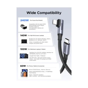 Cable De Carga & Datos Usb-C A Usb-C Ugreen L536 (85345) Trenzado, Angulo 90 Grados Tipo C, Carga Rapida 240W,Compatible Con Iphone 17/16/15, 2 Metros - Imagen 8